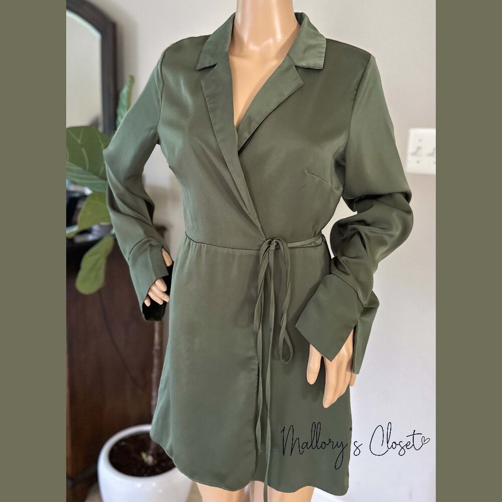 Showpo's Hayami Mini Dress - Collared Long Sleeve Wrap Dress in Olive - Size US4